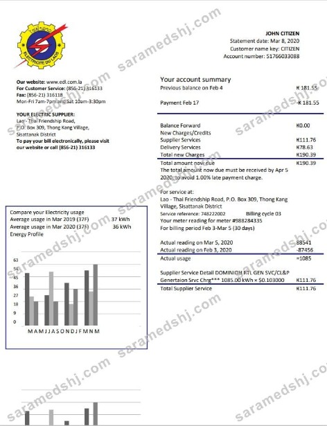 Laos Electricite du Laos electricity utility bill template in Word and PDF format